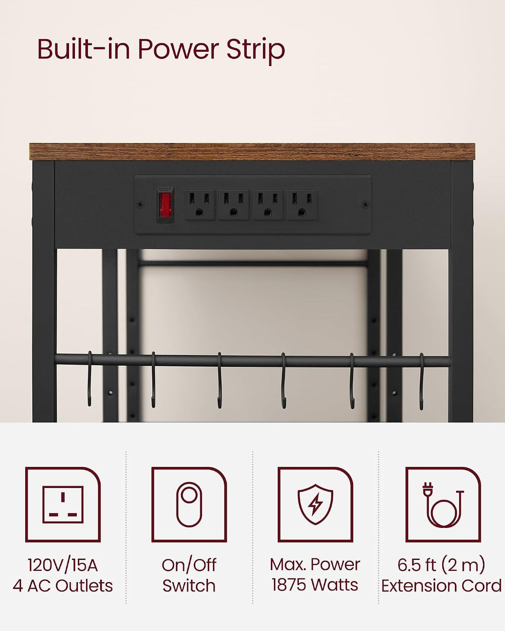 VASAGLE Baker's Rack, Coffee Bar Stand with Charging Station, 35.6 Inches Tall, Storage Shelves, Pull-Out Wire Basket, Table for Microwave, Kitchen, Rustic Brown and Ink Black UKKS036K01