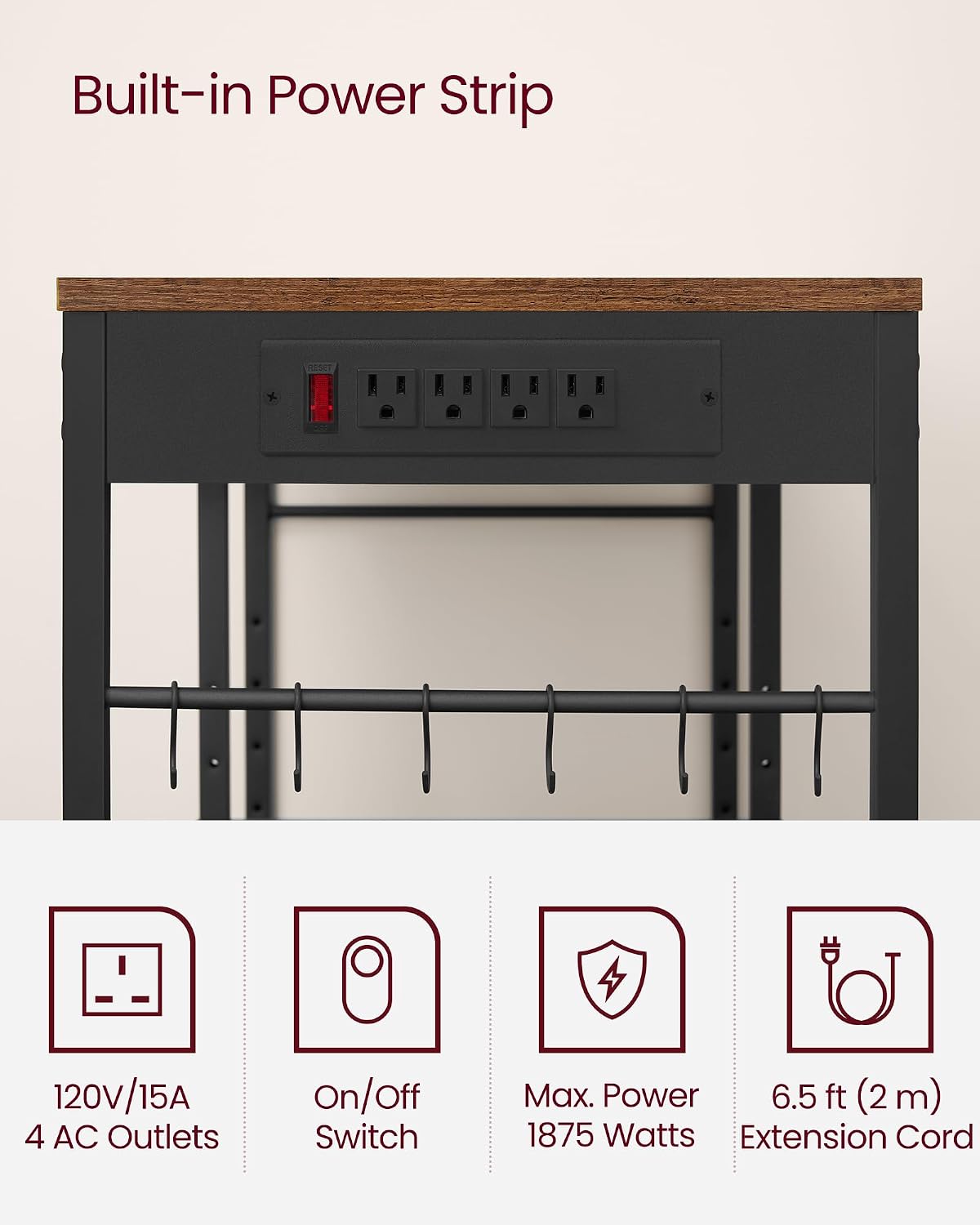 VASAGLE Baker's Rack, Coffee Bar Stand with Charging Station, 35.6 Inches Tall, Storage Shelves, Pull-Out Wire Basket, Table for Microwave, Kitchen, Rustic Brown and Ink Black UKKS036K01