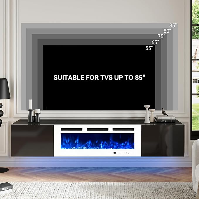 MXV 80'' Floating TV Stand, Modern Media Entertainment Center with 40" Electric Fireplace, TV Console Cabinet Wall Mounted, Adjustable 12-Color LED Lights, for Living Room, Black + White
