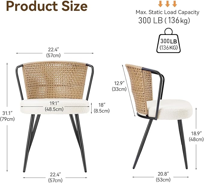 BedsPick Rattan Dining Chairs Set of 4 - Farmhouse Upholstered Cane Back Kitchen Chair with Boucle Cushion, Wingback Dining Room Seat with Metal Legs for Home, Kitchen (Brown)