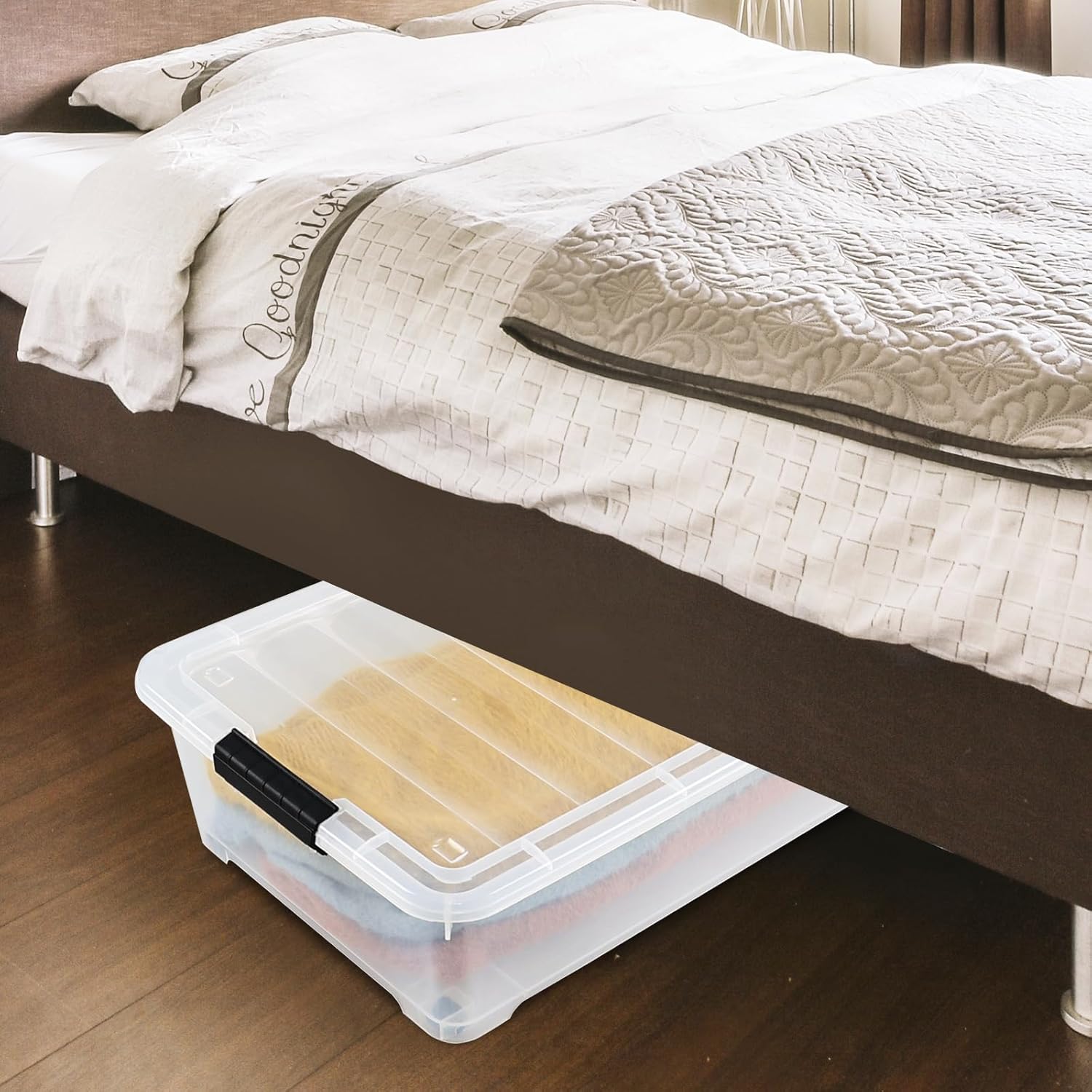 25 L Plastic Sturdy Rolling Under Bed Storage Container Bins, Clear Underbed Storage with Latching Lid and Wheels, 4 Packs