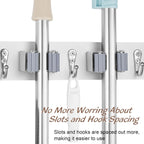 White Mop Broom Holder Wall Mount with 4 Slots & 4 Hooks - Wood Broom Mop Hanger for Pantry Closet Laundry Room Organization - Heavy Duty Garden Tool Organizer - White Kitchen Decor