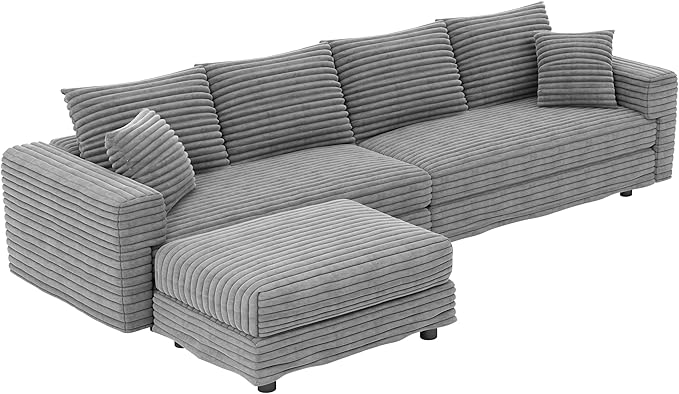 KEIKI 102.4" Sectional Couches, Modern Comfy Upholstered Sofa Cloud Couch, Deep Seat 4 Seat Sofa Set with Soft Pillows and Movable Ottoman for Living Room Bedroom,Apartment,Office, Grey