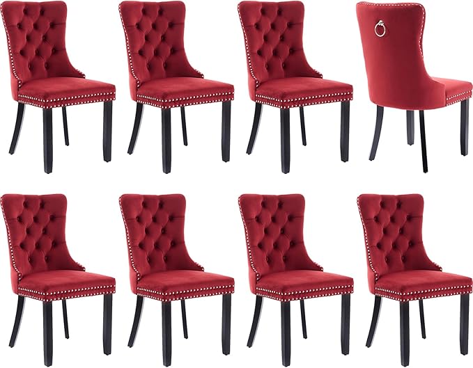 Modern Dining Chairs Set of 8, Tufted Upholstered Dining Chair with Solid Wood Legs, Wine Red Velvet Accent Chair, Sillas de Comedor, Kitchen & Dining Room Chairs (Burgundy, Velvet, 8Pcs)