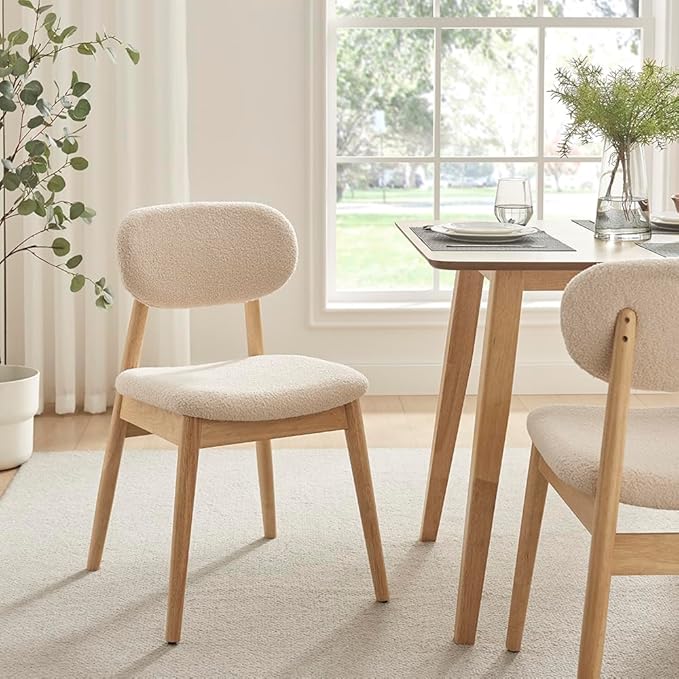 Wooden Dining Chairs Set of 2, Farmhouse Boucle Upholstered Kitchen Chairs, White