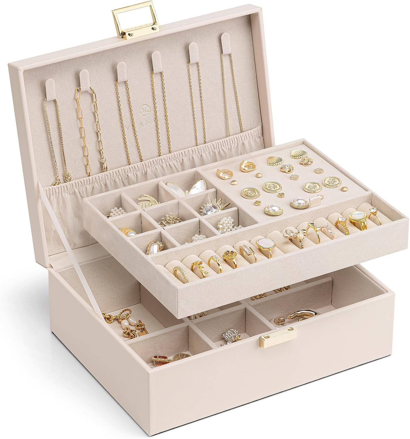 VLANDO Jewelry Box,2-Layer Design with Removable Tray,Apricot Pink | Removable Upper Tray Separates Rings and Earrings, Lower Space for Bracelets, Birthday Gift, Bedroom Dresser