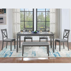 KEIKI 6-Piece Standard Height Dining Table Set with Rectangular Table, 4 Upholstered X-Shaped Backrset Chair, Bench, for 6 Person, Modern Style Table Set, Easy Assembly, for Kitchen, Dining Room, Gray