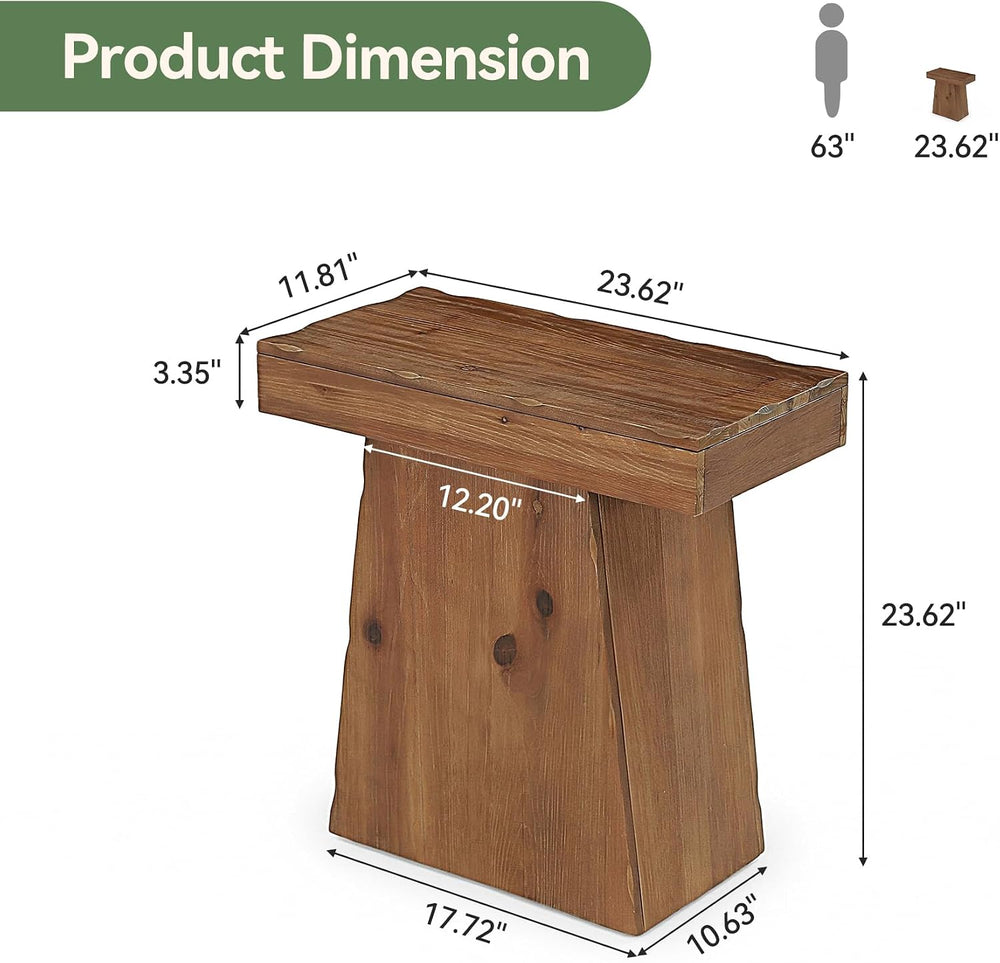 Solid End Table, 23.6" Wood Side Table with Trapezoid Base for Small Spa...