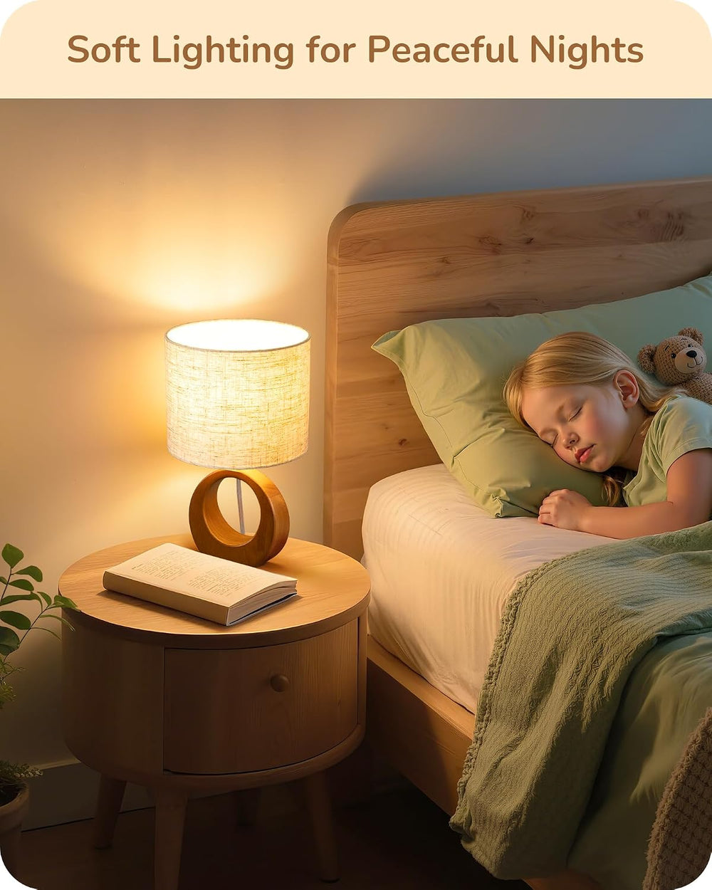 EDISHINE Small Wood Table Lamp, Nightstand Lamp, ON-Off Switch, Living Room