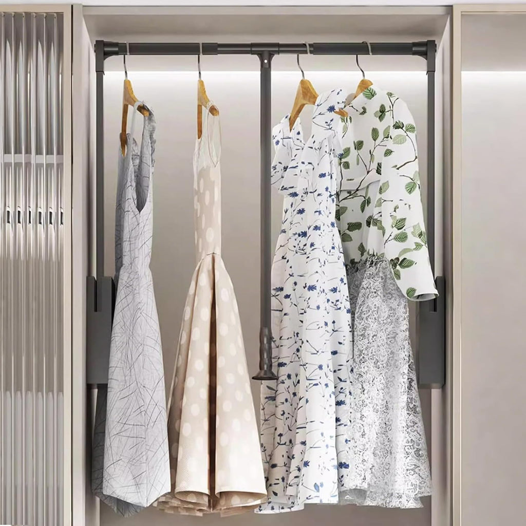 Pull Down Closet Rod for Hanging Clothes, Retractable Wardrobe Hanger for Cabinet Inside Width 21.6"~26", Aluminium alloy Tubing with Plastic Housing, 44 lb Weight Rating