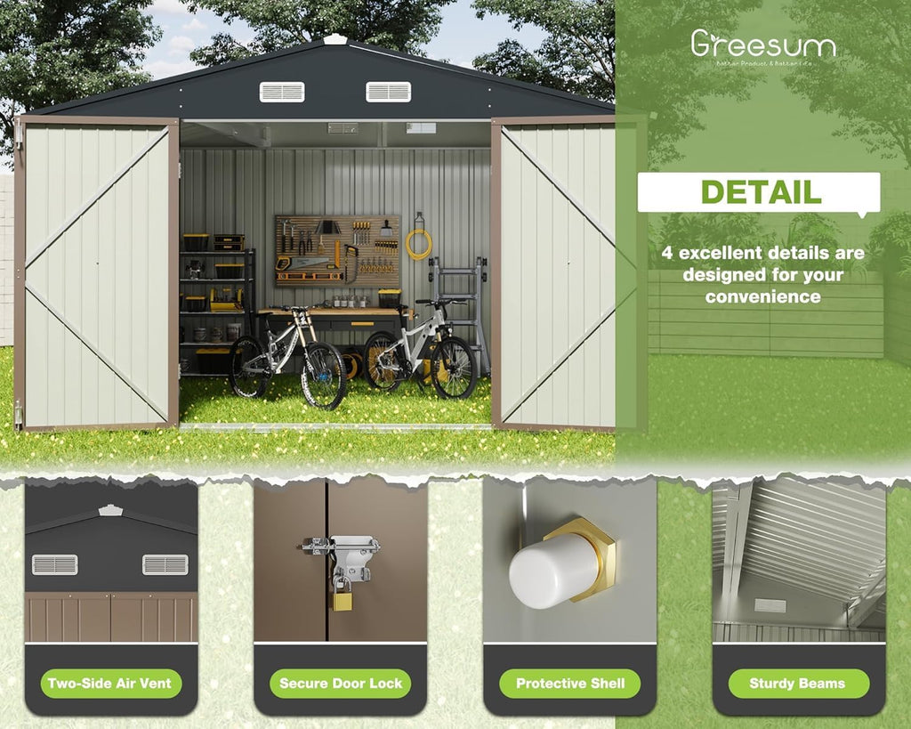 Greesum 10x8FT Outdoor Storage Shed, Utility Tool Shed with Sloping Roof, Metal Storaged Garden Shed with Door & Lock for Patio Storage, Brown