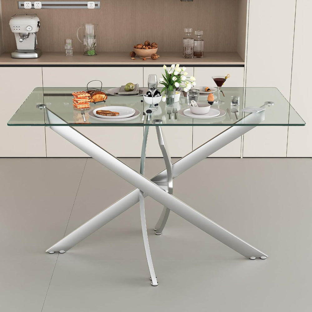 47.24 Inch Glass Dining Table, Rectangular Kitchen Glass Table for 4 People, ...