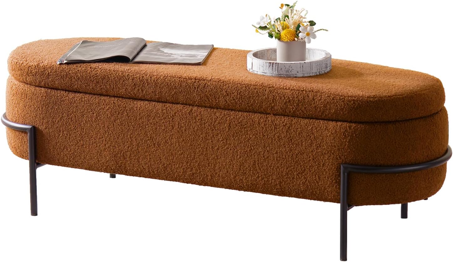 FiveWillowise 45 Inch Sherpa Storage Ottoman Bench,End of Bed Bench | Upholstered Boucle Storage Bench with Storage,Metal Stand and Hinges,Oval Ottomans for Living Room,Bedroom,Brown