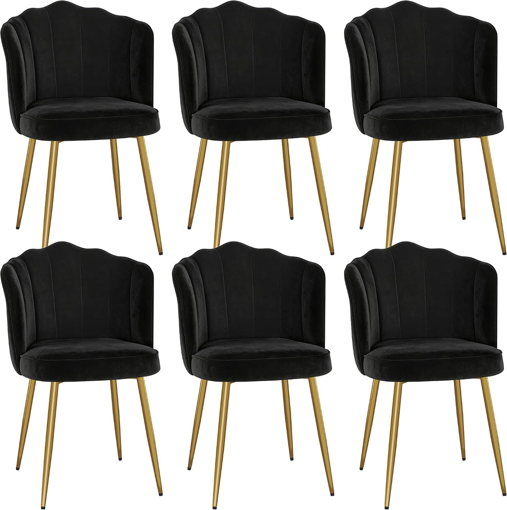VECELO Velvet Dining Chairs Set of 6, Modern Upholstered Kitchen Chairs with Thick Cushions, Curved Padded Backrest and Metal Legs, for Kitchen, Dining Room, Living Room, Black
