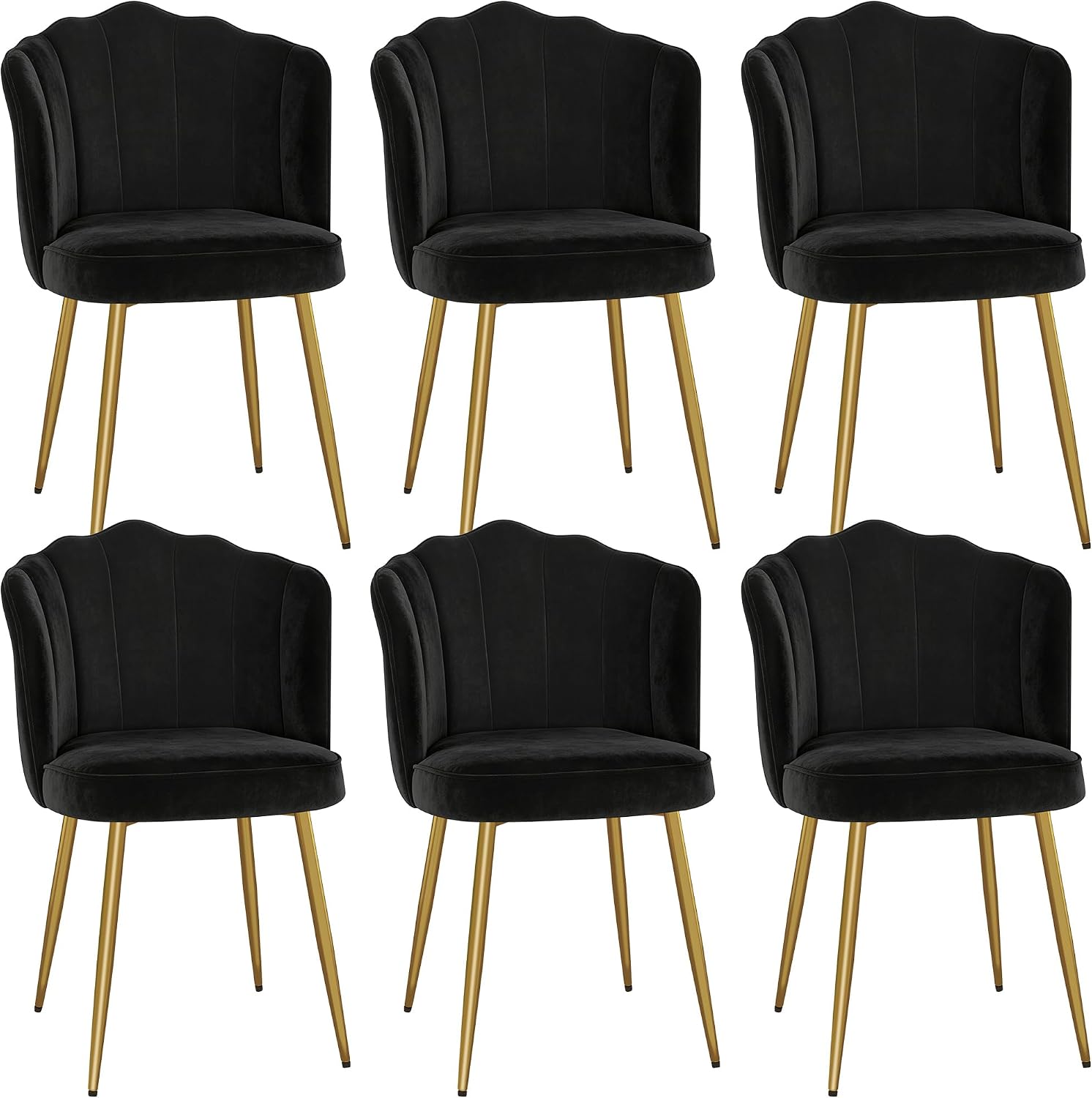 VECELO Velvet Dining Chairs Set of 6, Modern Upholstered Kitchen Chairs with Thick Cushions, Curved Padded Backrest and Metal Legs, for Kitchen, Dining Room, Living Room, Black
