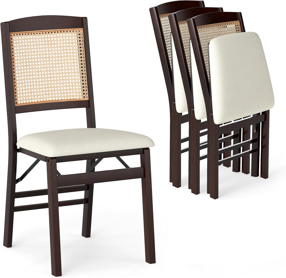 HAPPYGRILL Folding Dining Chairs Set of 4, Wood Kitchen Chair with Rattan Bac...