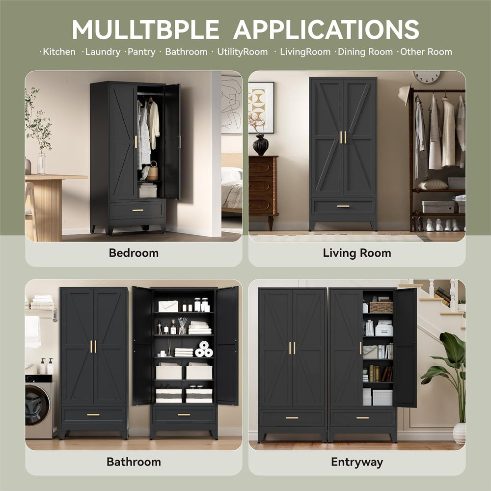 COFaR 71 Farmhouse Metal Wardrobe Closet with Hanging Rod, 2 Barn Doors, Adju...