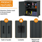 Outdoor Storage Cabinet with 2 Shelves, Waterproof Resin Horizontal Tool Shed, Lockable 15 cuft. Storage Shed for Patio, Garden, Yard, Grey