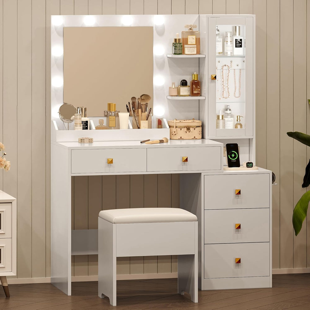 Vanity Desk with Mirror and Lights, White Makeup Vanity with 5 Drawers Hidden...
