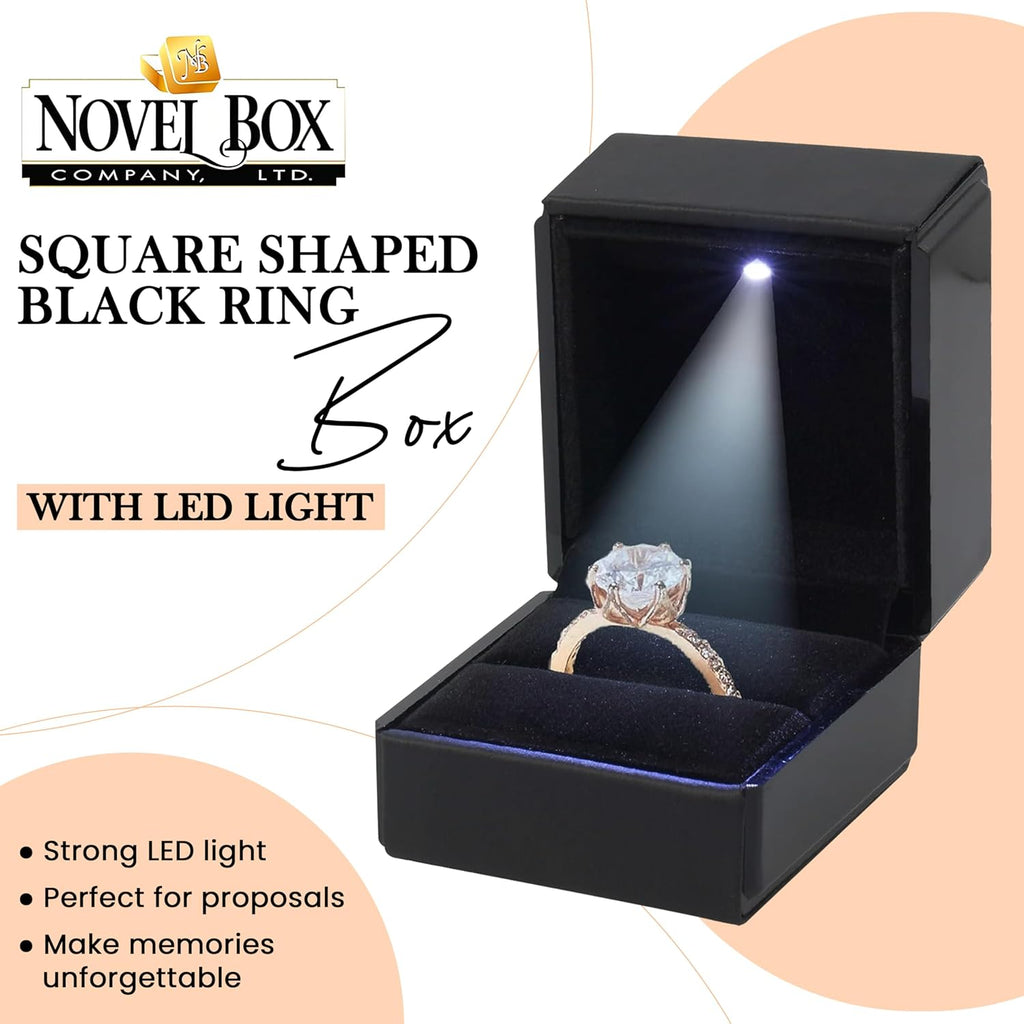 Novel Box Square Shaped Black Ring Box With LED Light 2.25X2X2.5 Inches - Jewelry Ring Case Best for Jewelry Displays - Gift Boxes for Mother's Day, Engagement, Anniversary & more Happy Occasions