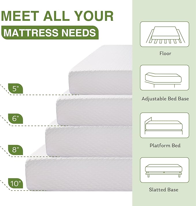 8 Inch Queen Mattress, Memory Foam Mattress in a Box with Cooling Green Tea Gel, Relieve Pressure with Medium Firm Support, CertiPUR-US Certified, 80''L x 60''W, White