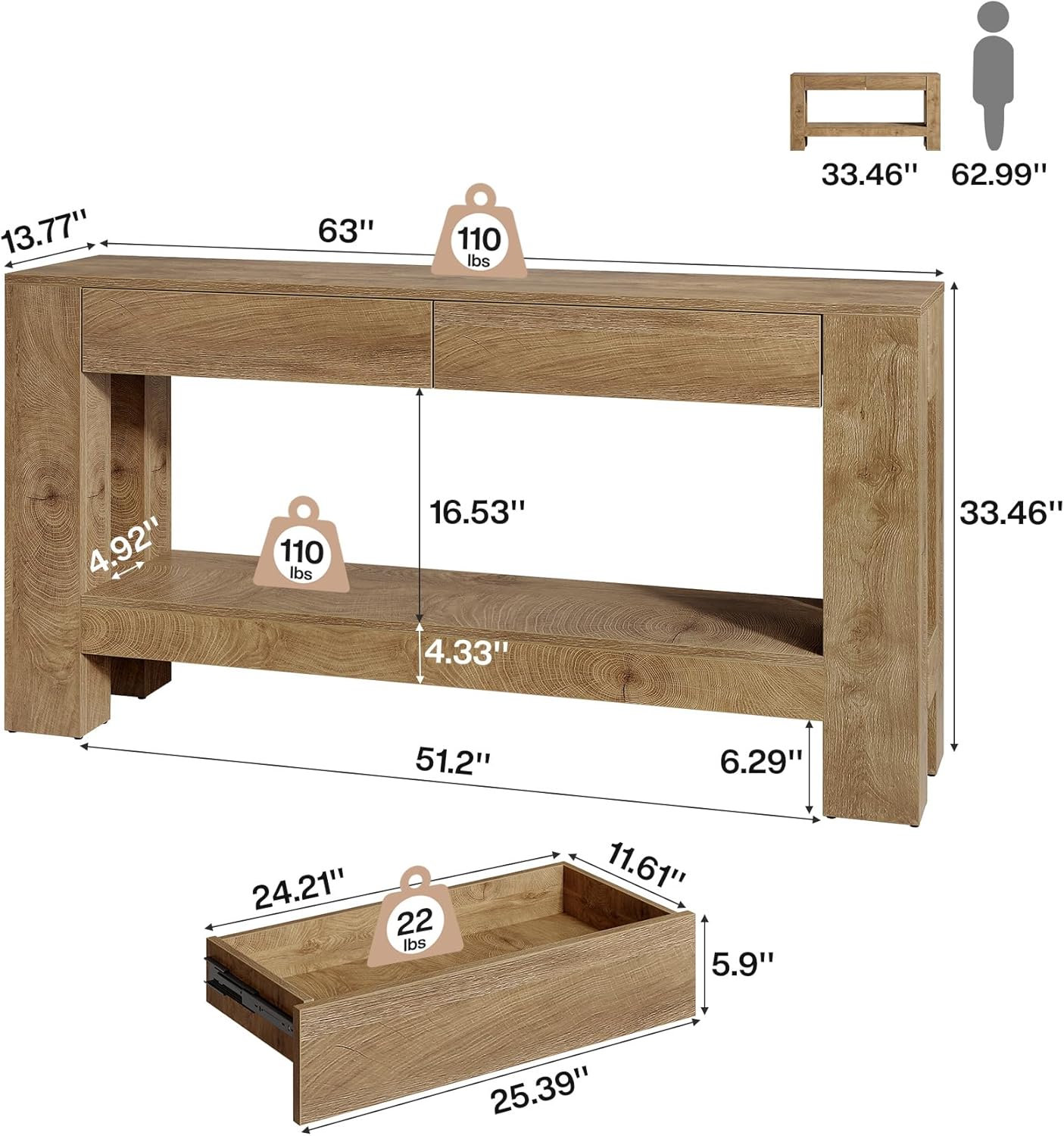 Tribesigns 63 Inch Entryway Table with 2 Drawers, Farmhouse Console Table with Storage Shelf, Long Sofa Table Behind Couch for Living Room, Hallway, Foyer, Brown