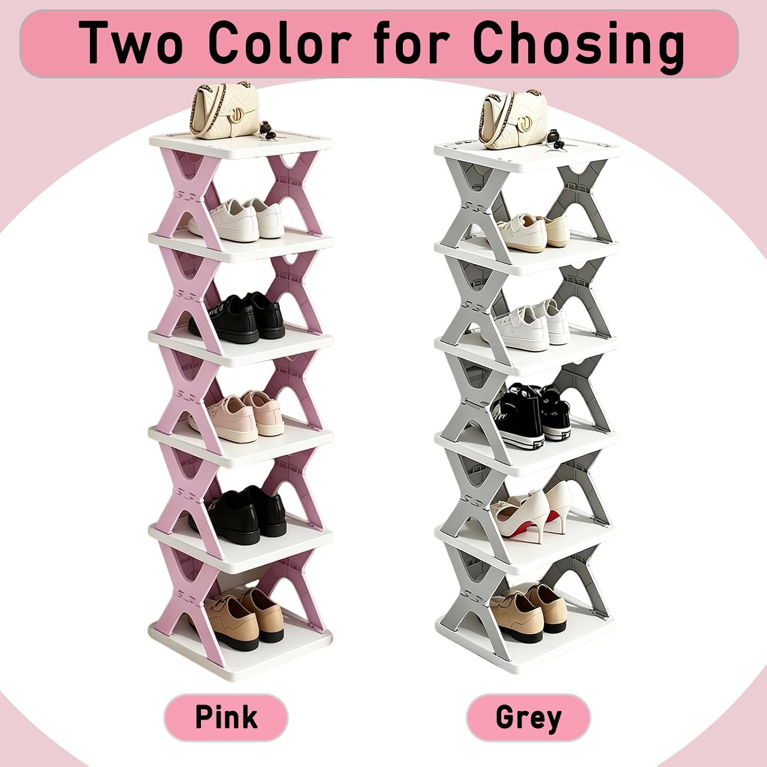 6 Tier Foldable Shoe Rack, Kid's Shoe Organizer, Pink | Vertical Shoe Storage for Front Door Entrance, Compact Shoe Shelf for Narrow Spaces