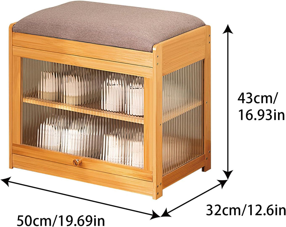 Shoe Storage Bench- Bamboo Entryway Bench with Seat Cushion, 2-Tier Shoe Rack...