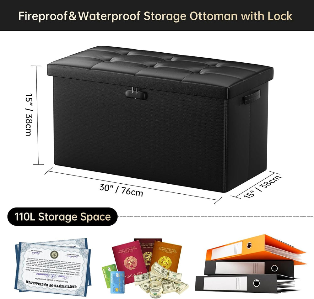 DocSafe Storage Ottoman Bench with Lock,Fireproof 30 Inches Folding Bench Foo...