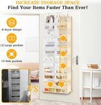 Over The Door Organizer 6 Tiers, Extra Large Behind Door Storage of 12 Compartments, 80 lbs Weight Capacity Hanging Storage Organizer with Clear Window Kids Toys, Shoes,Diapers, Room Storage, White