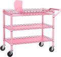 NTE Utility Cart with Wheels, 990lbs Capacity Metal 3 Tier Rolling Carts, NSF Kitchen Carts On Wheels with Storage, Heavy Duty Utility Cart with Handle & Wire Shelf for Indoor & Outdoor Use, Pink