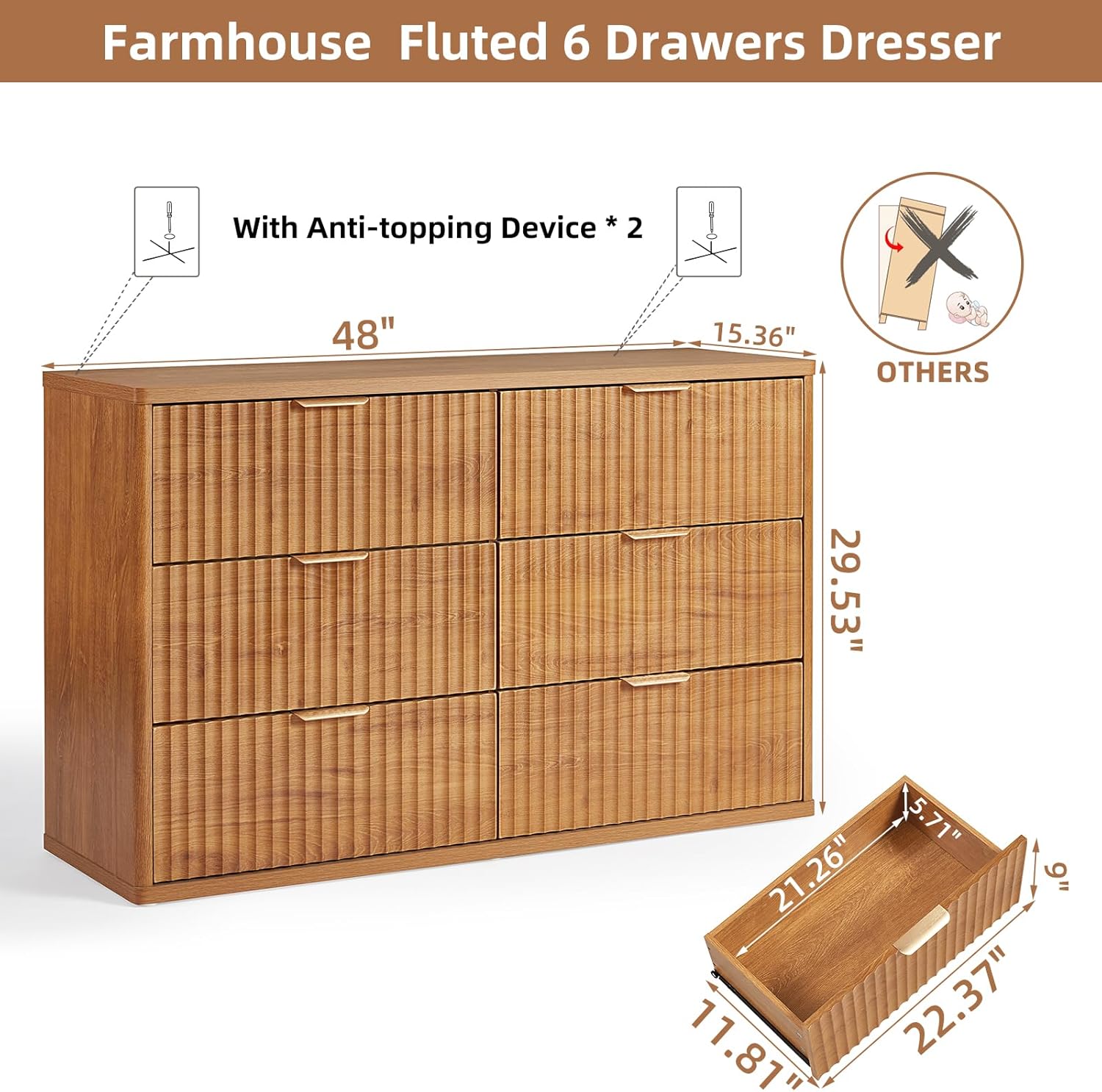 LEYAOYAO Fluted 6 Drawers Dresser, 48" Wide Modern Chest of Drawers with Wood Grain Top, Curved Profile Design, Dresser TV Stand, Wood Drawer Organizer for Bedroom, Living Room, Hallway,Brown