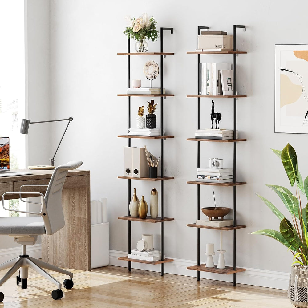 HOOBRO DIY Ladder Shelf, 6-Tier Wooden Wall Mounted Bookshelf, Narrow Bookcas...