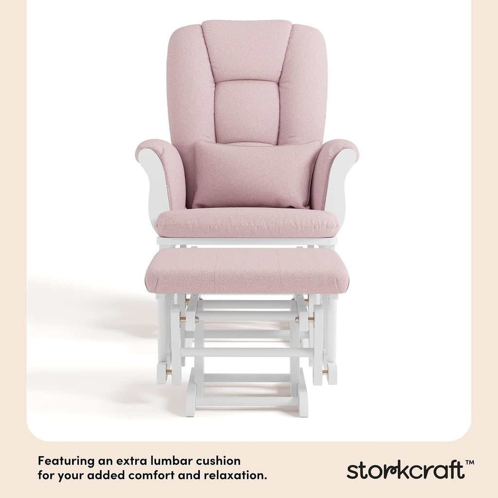 Storkcraft Tuscany Custom Glider and Ottoman with Free Lumbar Pillow (White/Pink Blush Swirl) - Cleanable Upholstered Comfort Rocking Nursery Chair with Ottoman