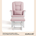 Storkcraft Tuscany Custom Glider and Ottoman with Free Lumbar Pillow (White/Pink Blush Swirl) - Cleanable Upholstered Comfort Rocking Nursery Chair with Ottoman