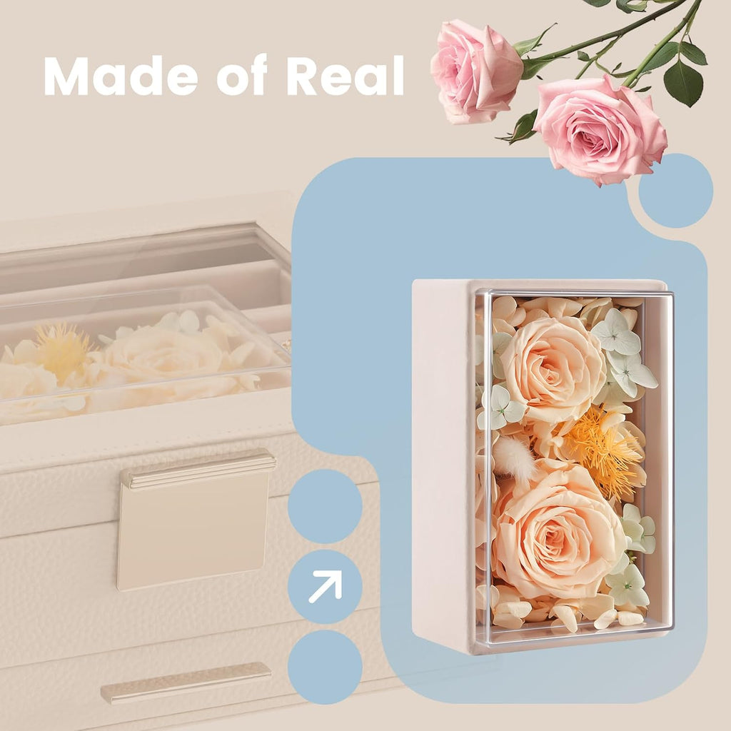 Lolalet Jewelry Organizer with Glass Lid, 2-Layer Jewelry Box Case with Drawer, Earrings Watch Ring Display Storage -Beige