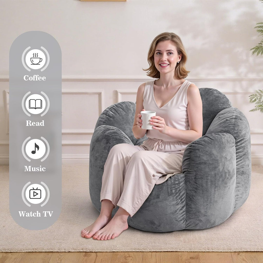 HOMMPA Bean Bag Chair for Adults Comfy Velvet Bean Bag Couch with Back Support Flower Shaped Oversized Sofa for Living Room,Bedroom,Dorm,Grey