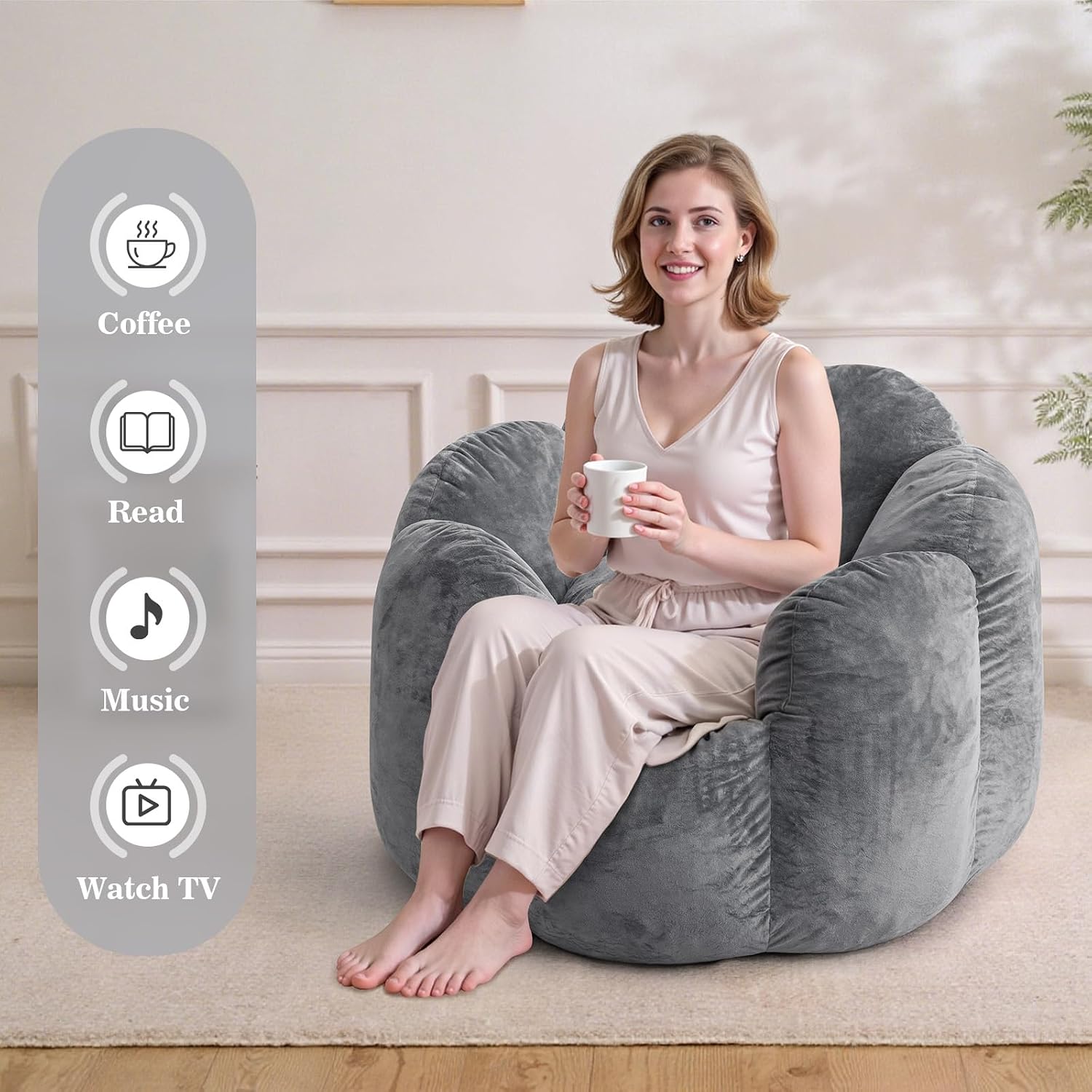 HOMMPA Bean Bag Chair for Adults Comfy Velvet Bean Bag Couch with Back Support Flower Shaped Oversized Sofa for Living Room,Bedroom,Dorm,Grey