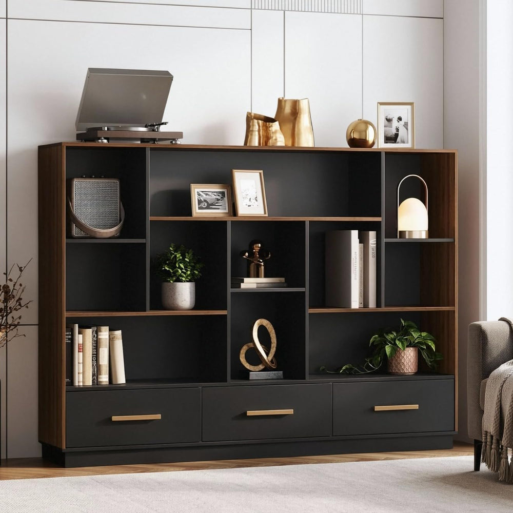 ModernMate 60" Wide Bookcase with 3 Drawers and 12 Open Cubes, Black Walnut