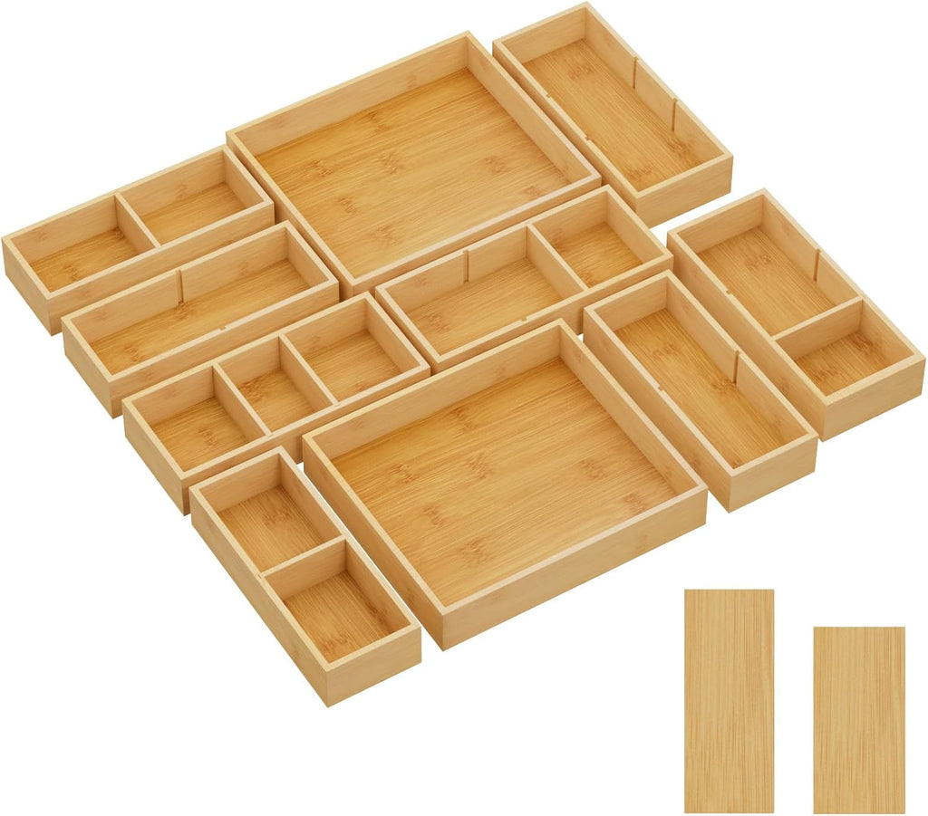 Lifewit Drawer Organizers 10 Pack(22 Grid) with 12 Inserts | Adjustable Bamboo Wooden Trays for Utensils, Silverware, Makeup, Kitchen, Bathroom, Office, Vanity Storage