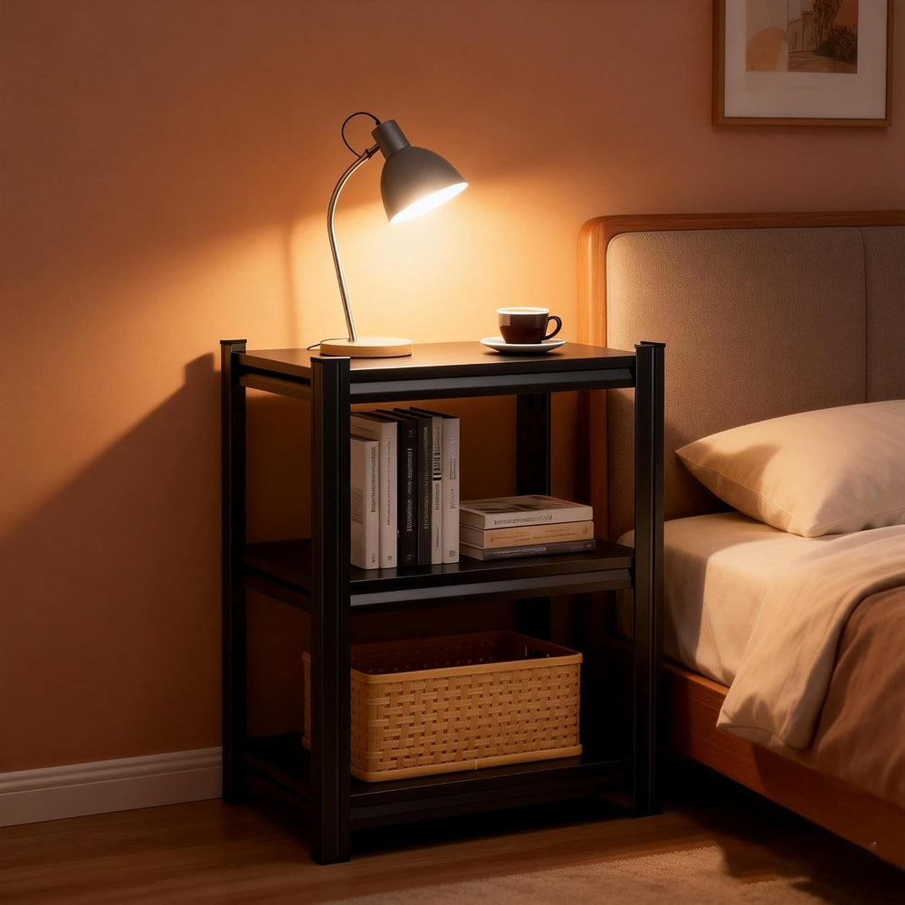 3-Tier Small Bookcase & Office Side Table, Black Industrial Bookshelf, Ad...