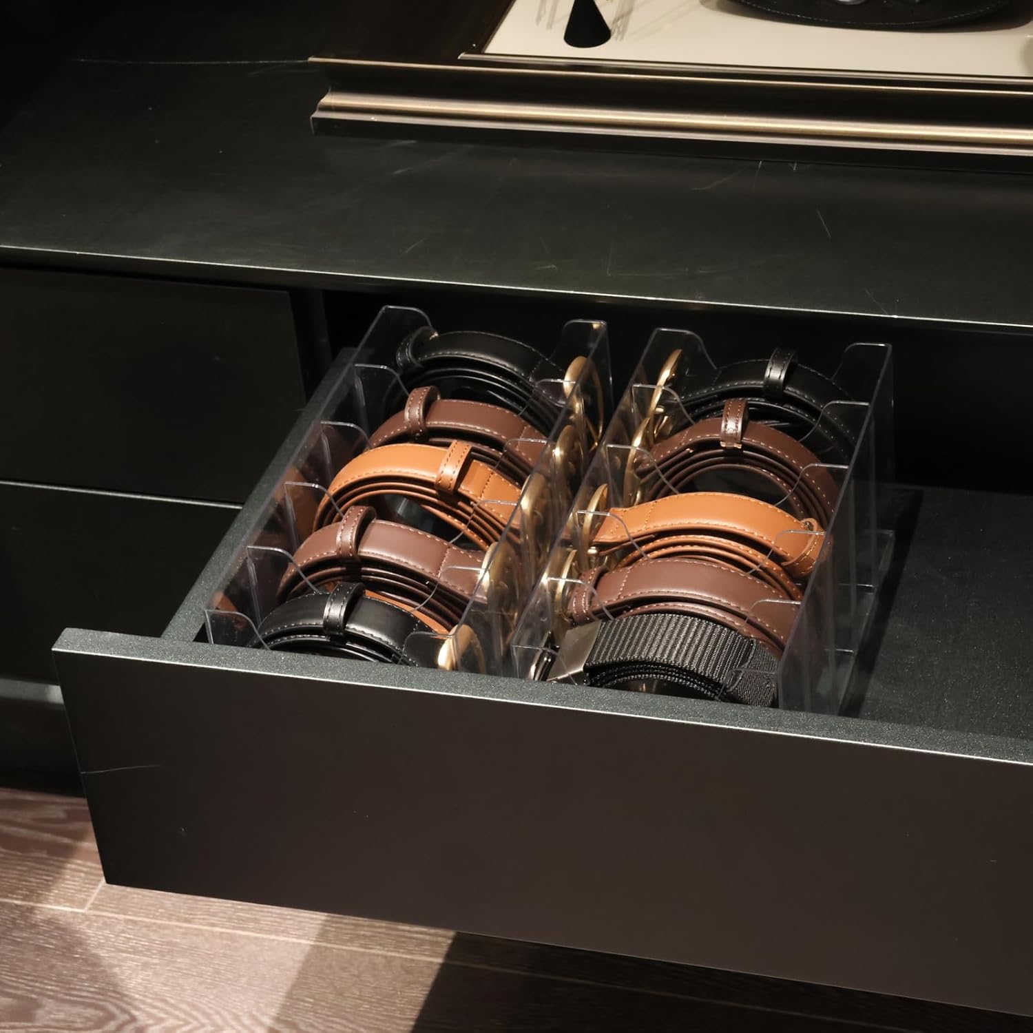 Belt Organizer - 2 Pack Clear Stackable Belt holder For Closet Drawer Storage - 5 Compartments with Removable Dividers, Multi-Purpose Display Bins With Inserts For Ties,Socks,underwear (2)