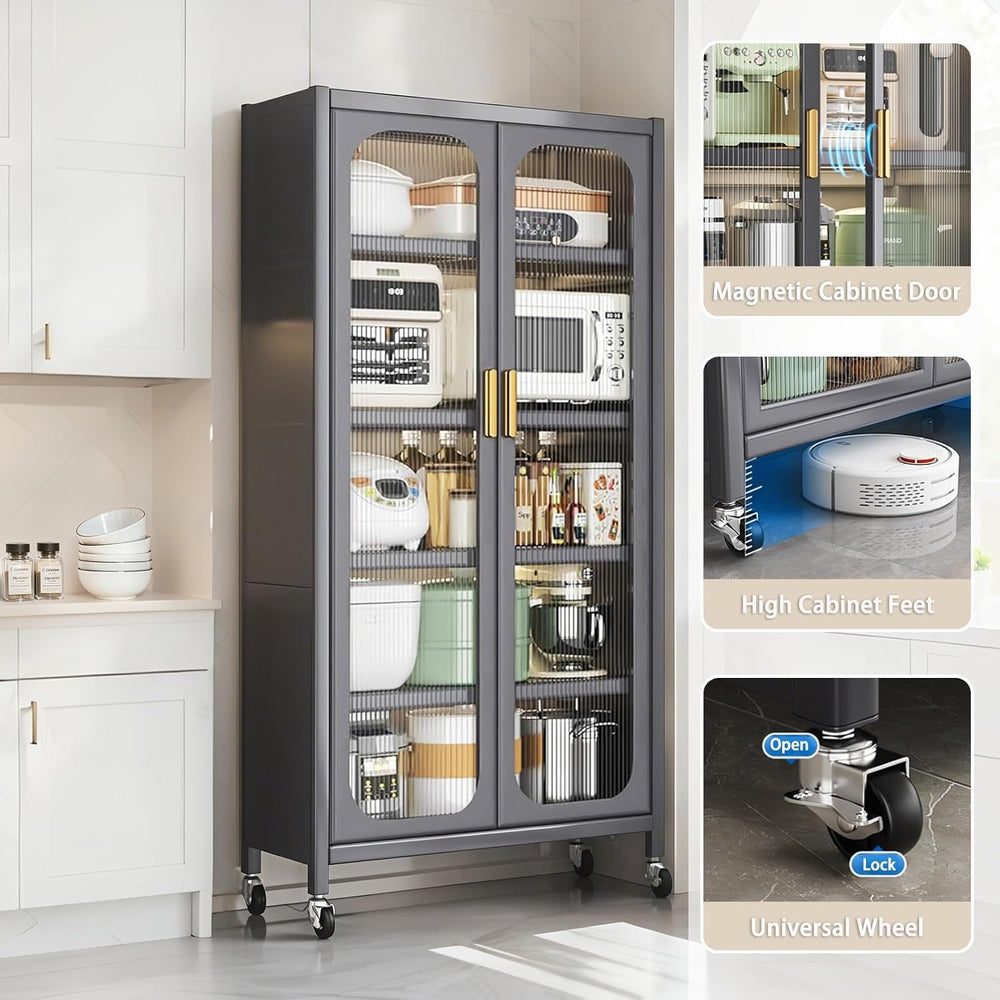 Kitchen Pantry Storage Cabinet, Gray 6 Tier Metal Display Cabinet with Transp...