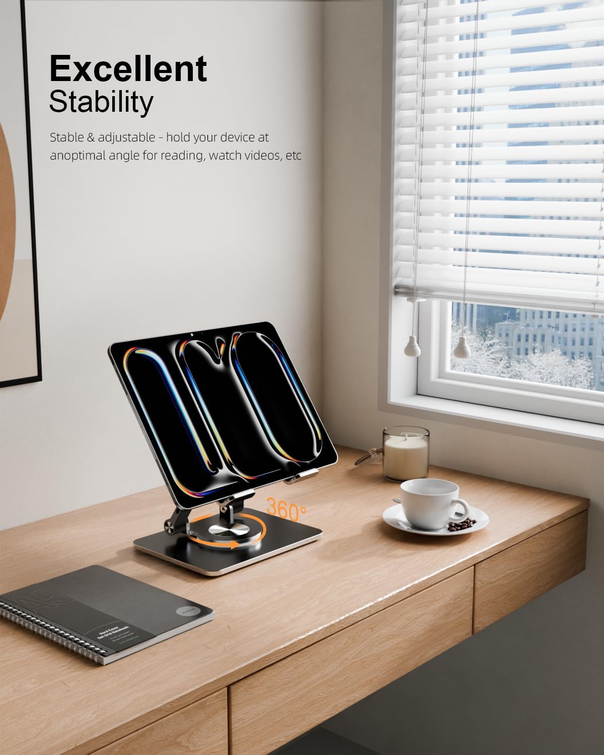Tablet Stand Holder with Thickened 360°Rotating Base Dual Rod Adjustable Aluminum Stand for All 5.8-12.9” iPad Samsung Phone Tablet Kindle E-Reader and More, Black