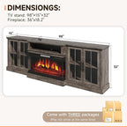 98" Farmhouse TV Stand with 36" Fireplace for Living Room,Media Entertainment Center with Adjustable Shelves and Large Storage Cabinets, TVs up to 100", Gray
