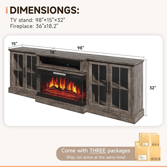 98" Farmhouse TV Stand with 36" Fireplace for Living Room,Media Entertainment Center with Adjustable Shelves and Large Storage Cabinets, TVs up to 100", Gray