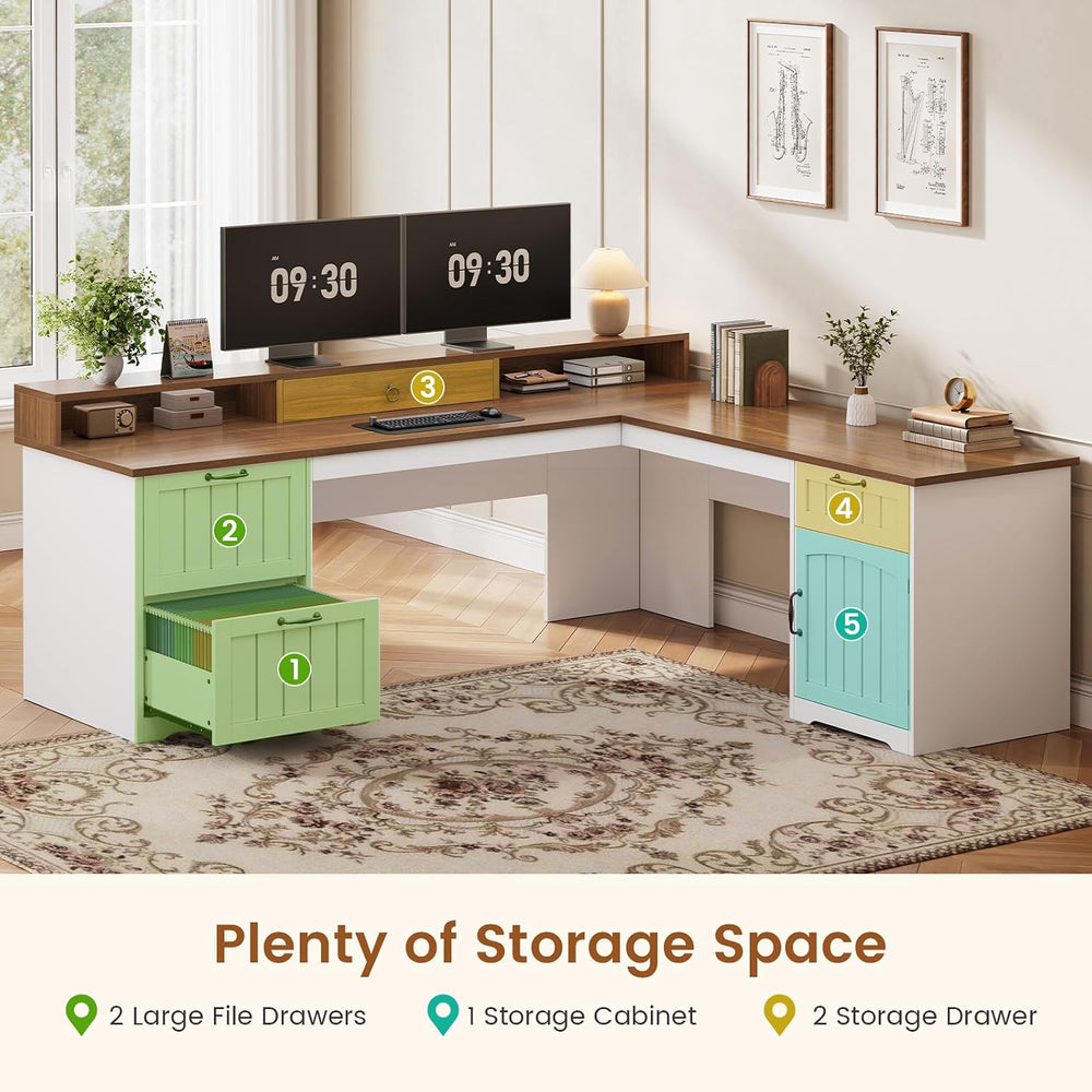 SEDETA Farmhouse 63" L Shaped Desk with Drawers and Storage Cabinet
