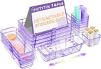 14 Pcs Adjustable Clear Drawer Organizer, Extendable Vanity Storage Bins, Desk Drawer Organizer Set for Makeup, Cosmetics, Bedroom, and Gadgets, Purple