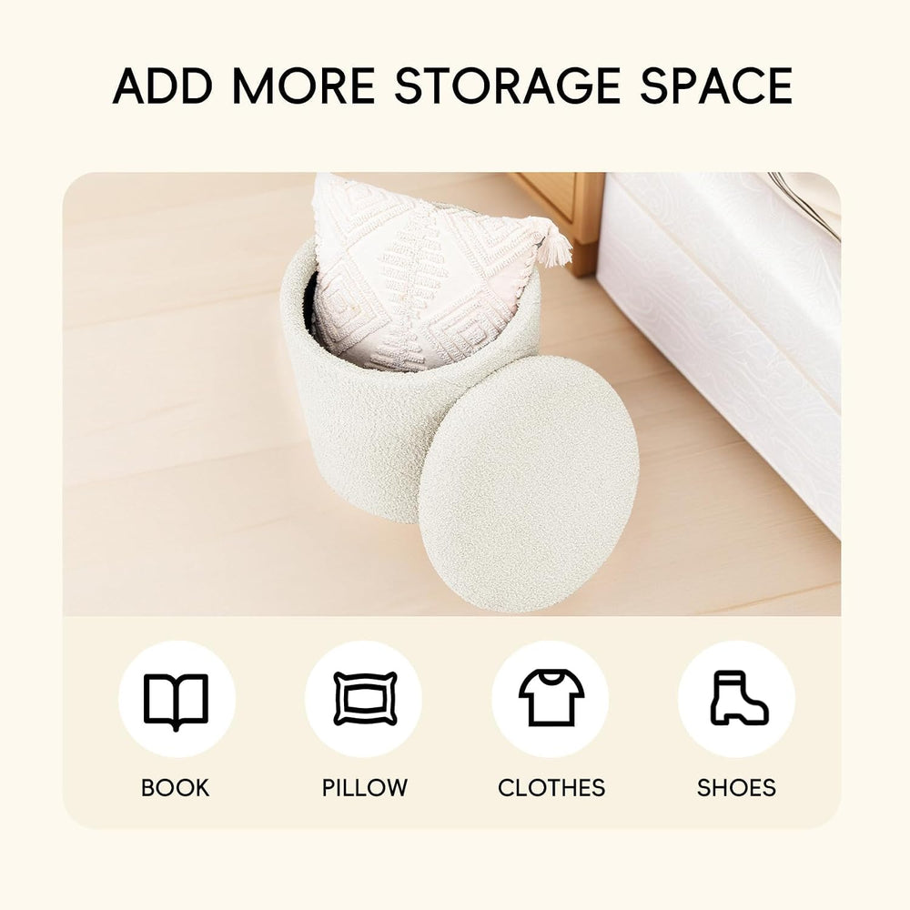 PINPLUS Ottoman with Stroage Round Boucle Ottoman and Tray Sherpa Removable F...