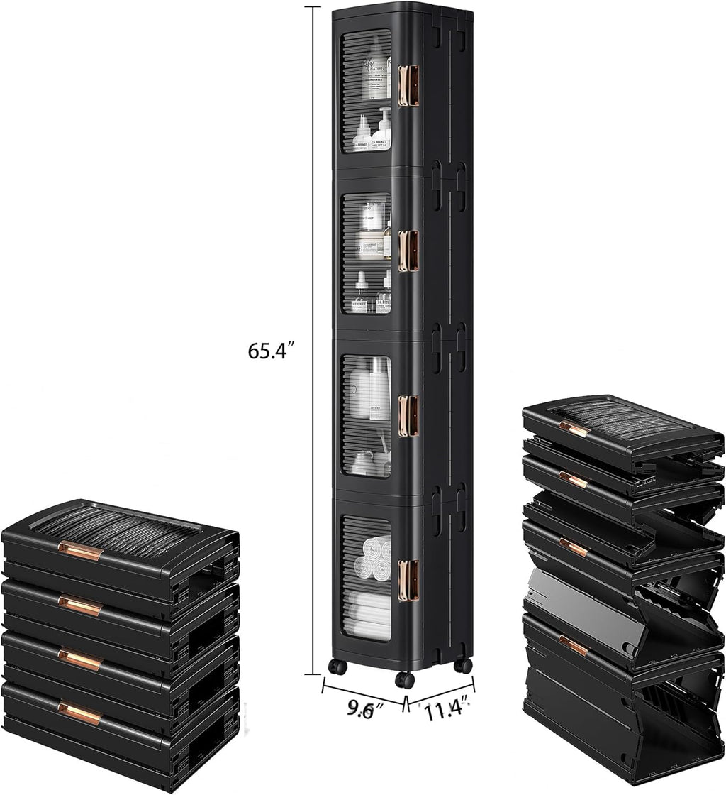 VECELO 4-Tier Tall Narrow Storage Cabinet with Movable Wheels, Adjustable Shelves, Anti-Tip, Slim, for Small Space, Bathroom, Kitchen, Laundry, Black